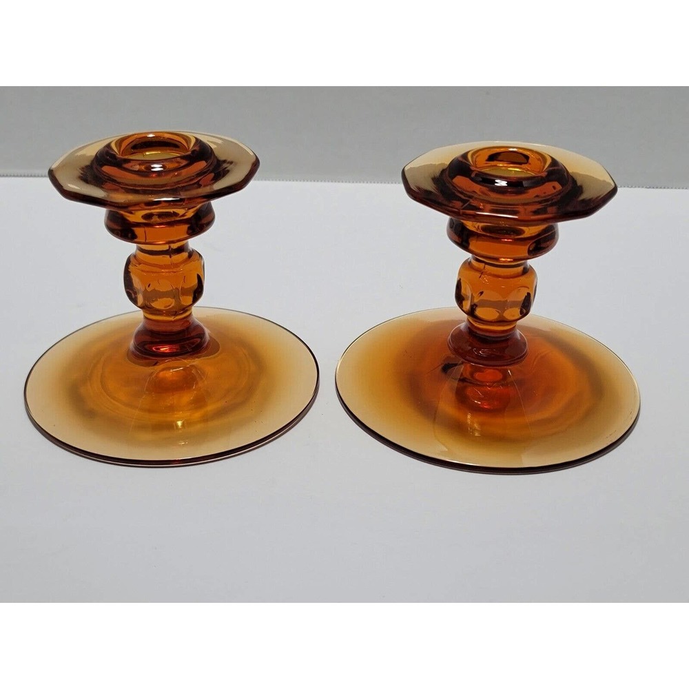 Lot Of 2 Vintage Amber Glass Candle Holders